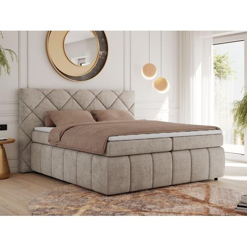 MKS MEBLE Boxspringbett 140x200 Beige Struktur mit Bettkasten und Matratze H4, Polsterbett 140x200 mit Bettkasten, Bett 140x200, Boxspringbett 140x200 - Rita