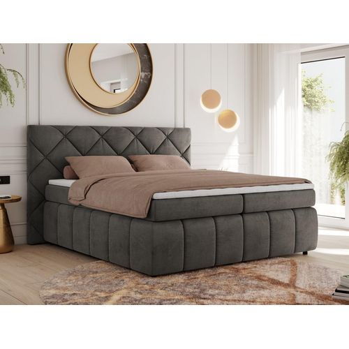 MKS MEBLE Boxspringbett 140x200 Dunkelgrau Velvet mit Bettkasten und Matratze H3, Polsterbett 140x200 mit Bettkasten, Bett 140x200, Boxspringbett 140x200 - Rita