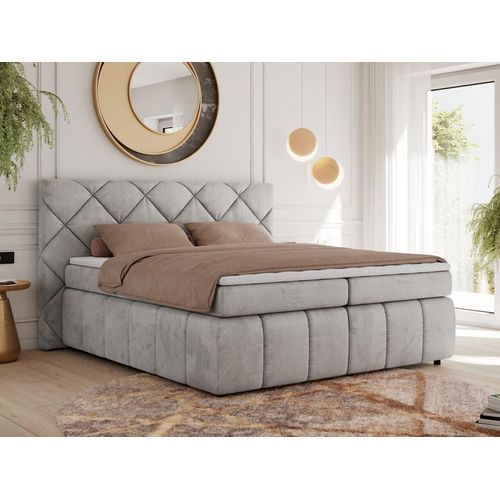 MKS MEBLE Boxspringbett 140x200 Hellgrau Velvet mit Bettkasten und Matratze H4, Polsterbett 140x200 mit Bettkasten, Bett 140x200, Boxspringbett 140x200 - Rita