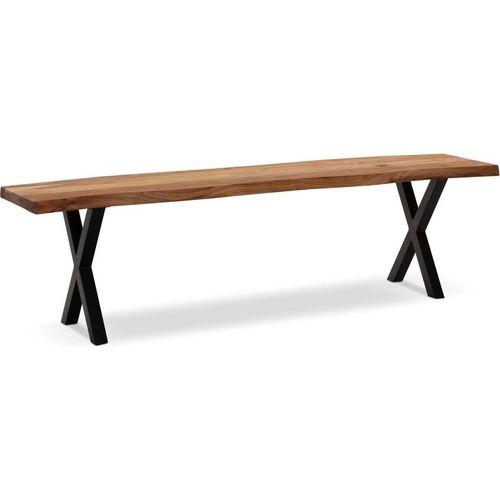 Esszimmerbank 180x40x45,5 cm Akazie Massivholz / Metall mit Baumkante, Esstischbank Modern, Holzbank Massiv ohne Lehne, Küchenbank Essbank mit X-Beinen, Sitzbank Esszimmer Groß