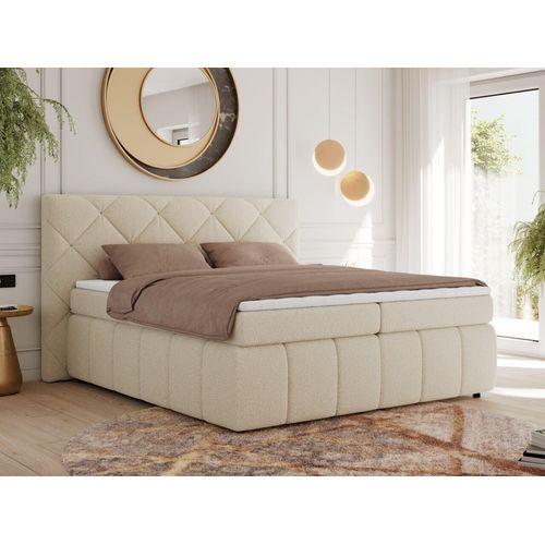 MKS MEBLE Boxspringbett 140x200 Beige Boucle mit Bettkasten und Matratze H3, Polsterbett 140x200 mit Bettkasten, Bett 140x200, Boxspringbett 140x200 - Rita