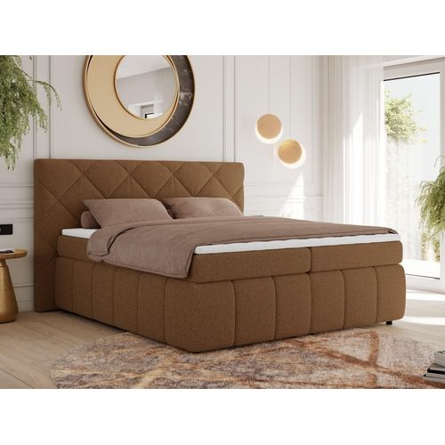 MKS MEBLE Boxspringbett 140x200 Braun Boucle mit Bettkasten und Matratze H3, Polsterbett 140x200 mit Bettkasten, Bett 140x200, Boxspringbett 140x200 - Rita