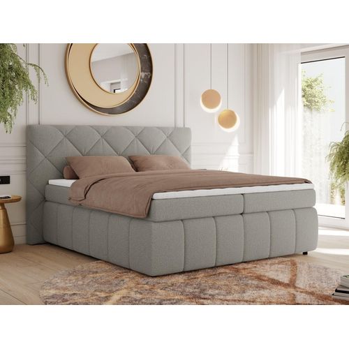 MKS MEBLE Boxspringbett 140x200 Hellgrau Boucle mit Bettkasten und Matratze H3, Polsterbett 140x200 mit Bettkasten, Bett 140x200, Boxspringbett 140x200 - Rita