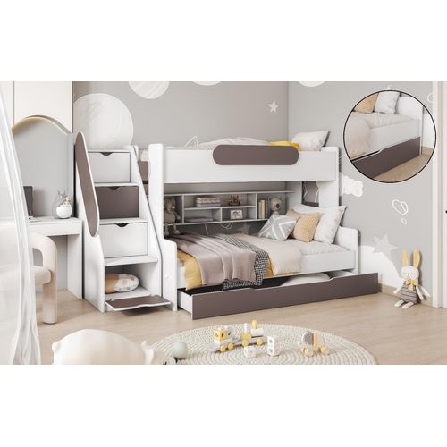 Hochbett, Kinderbett , Etagenbett SE-G, Farbe Weiß/Graphit. Treppe beide seitig montierbar