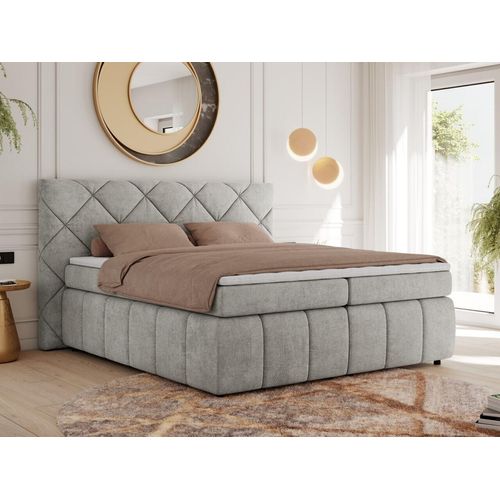 MKS MEBLE Boxspringbett 140x200 Hellgrau Struktur mit Bettkasten und Matratze H3, Polsterbett 140x200 mit Bettkasten, Bett 140x200, Boxspringbett 140x200 - Rita