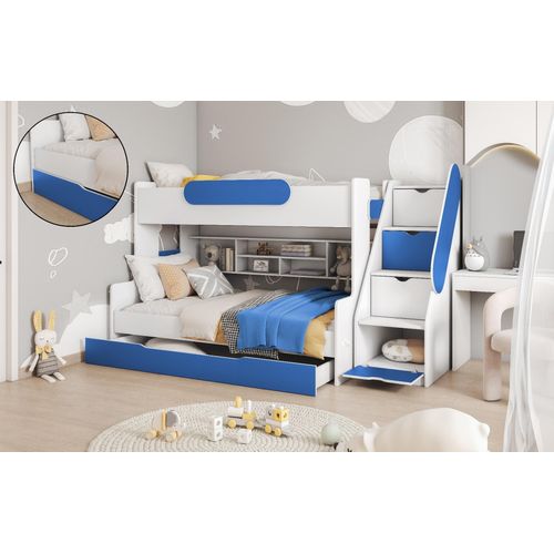 Hochbett, Kinderbett , Etagenbett SE-B, Farbe Weiß/Blau. Treppe beide seitig montierbar