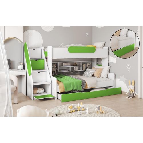 Hochbett, Kinderbett , Etagenbett SE-G, Farbe Weiß/Grün. Treppe beide seitig montierbar