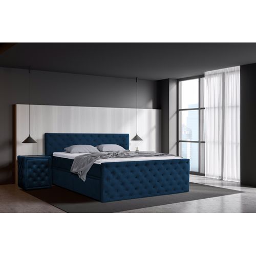 Boxspringbett 140 x 200 cm mit Bettkasten, Matratzen und Topper, Bonell-Matratzen H3, Dunkelblau Aosta