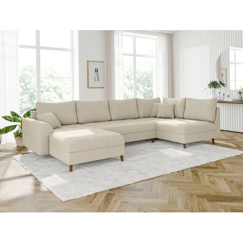 S-STYLE MÖBEL - Kai - Wohnlandschaft mit Braun Holzfüßen im skandinavischen Stil aus Beige Cord-Stoff, Ottomane links
