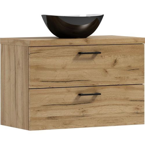 ADK Möbel | Hängeschrank, 53,2x80x40,6cm, in goldfarbener Eiche, mit schwarzem Waschbecken, LUNA 80.