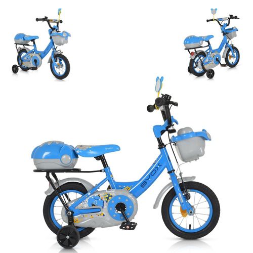 Byox Kinderfahrrad 1202 12 Zoll mit Stützräder, Körbe, Rückspiegel, Klingel blau