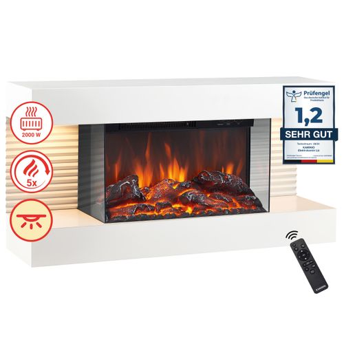 KAMINIO Elektrokamin LIZ - Elektrischer Wandkamin mit Heizung, 3D-Flammeneffekt, Ambientelicht, Fernbedienung - Weiß