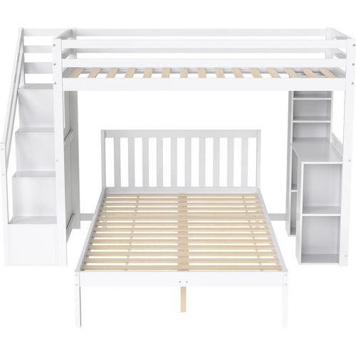 Etagenbett mit seitlichen Ablagen, 90*200cm+120*200cm, Multifunktionales Kinderbett, Kinder-Etagenbett, Mit Stautreppe, Großer Stauraum,Kiefer + MDF