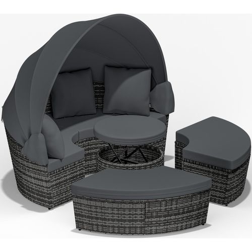 CASARIA® Sonneninsel Outdoor Wetterfest mit Dach Grau Ø185cm Tisch Polyrattan 7cm Auflagen Gartenmöbel Sonnenliege Balkonmöbel Lounge Gartenliege