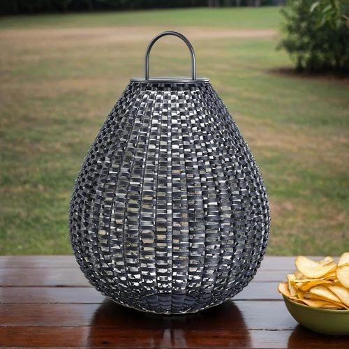 LED Tischleuchte außen Solar Rattan D: 36 cm 45 cm IP65 Schwarz rund 3000 K warmweißes Licht 100 lm Modern