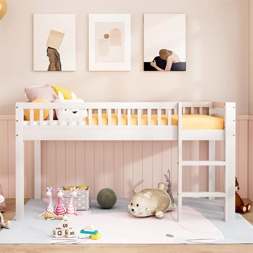 Kinderbett 90*200 cm Massivholzbett mit Lattenrost,mit Sicherheitsleiter, weiße