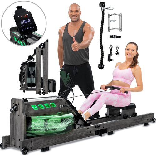 Miweba Sports Wasser-Rudergerät MR700 Pro | Holzrudergerät - Rudermaschine - App Steuerung - LED Display - Tablet Halterung - klappbar (Esche Grau)
