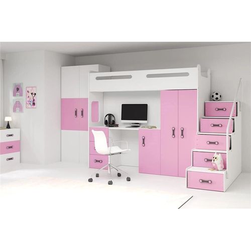 Hochbett Max IV, Jugendbett mit Schreibtisch, Kinderbett ,Weiß ,Rosa, Blau ,Grau 20 (mit Matratze, Weiß+Rosa)