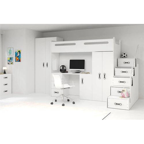 Hochbett Max IV, Jugendbett mit Schreibtisch, Kinderbett ,Weiß ,Rosa, Blau ,Grau 20 (mit Matratze, Weiß)