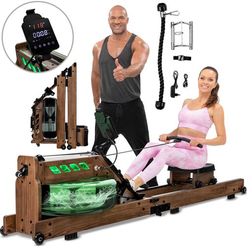 Miweba Sports Wasser-Rudergerät MR700 Pro | Holzrudergerät - Rudermaschine - App Steuerung - LED Display - Tablet Halterung - klappbar (Esche Dunkel)