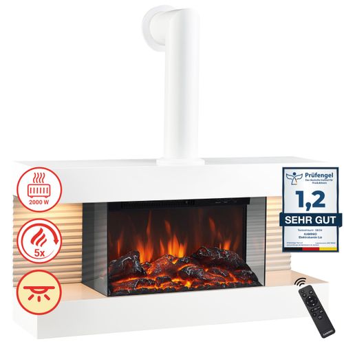 KAMINIO Elektrokamin LIZ mit Ofenrohr - Elektrischer Wandkamin mit Heizung, 3D-Flammeneffekt, LED-Ambientelicht, Fernbedienung - Weiß