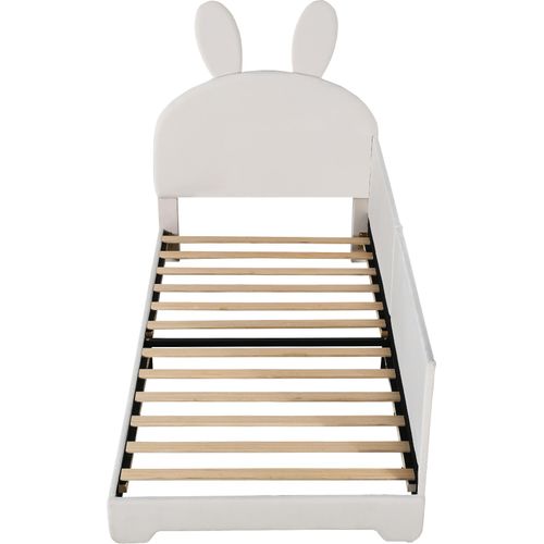 Kinderbett 90x200cm Polsterbett Sofabett Eltern-Kind-Bett Teenagerbett Hasenform Kopfteil Mit Sicherheitslehne (ohne Matratze) Beige Samt