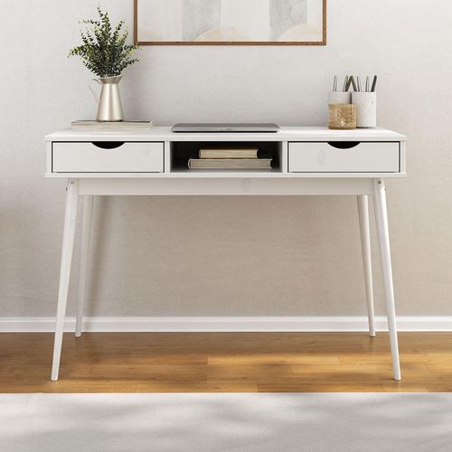 Schreibtisch STEFANO weiß - Bürotisch mit 2 Schubladen und Fach aus Massivholz, Home Office Tisch, moderner Arbeitstisch