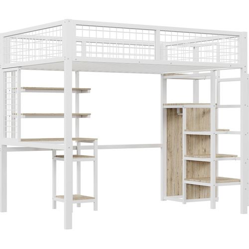 Hochbett,Etagebett( Weiß)140 x200 mit Sicherheitsleiter, Kinderbett mit Eisenrahmen Kleiderschrank und Computertisch