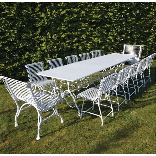 Casa Padrino Jugendstil Schmiedeeisen Garten Möbel Set Weiß 300 x 120 cm - Garten Tisch & 10 Garten Stühle