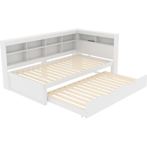 Schlafsofa 90x200cm Massivholzbett (Ohne Matratze) Holzbett 90x190cm Ausziehbares Bett Multifunktionsbett Mit USB-Steckdose und Ablagefächern Weiß