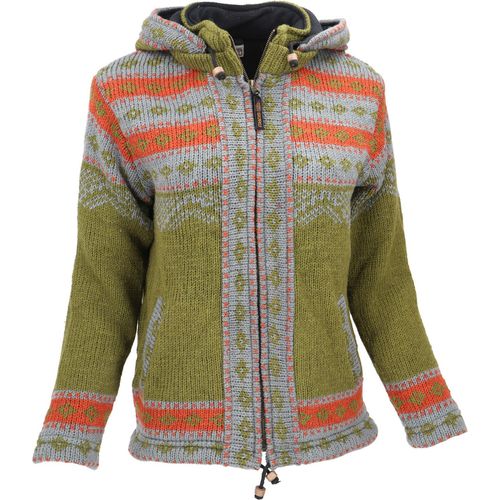 Kuschelige Gefütterte Strickjacke, Damenjacke, Wolljacke, Nepaljacke - Grün/orange, Herren, Wolle, Größe: L