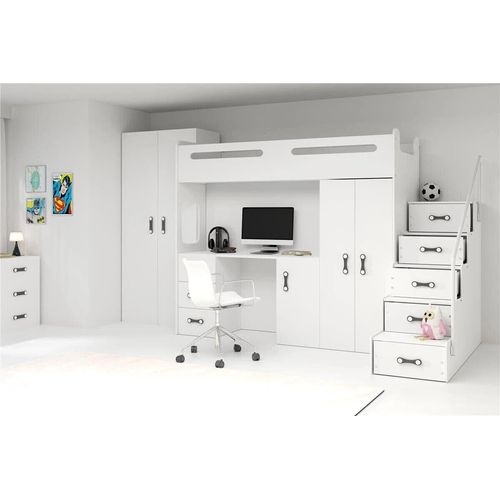 Hochbett Max IV, Jugendbett mit Schreibtisch, Kinderbett ,Weiß ,Rosa, Blau ,Grau 20 (Ohne Matratze, Weiß)
