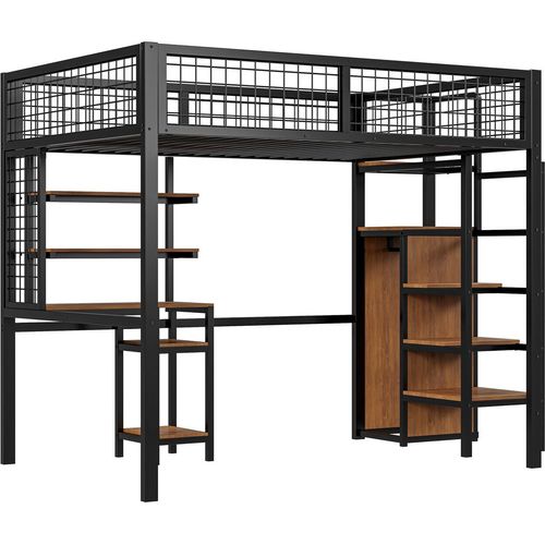 Hochbett,Etagebett(Schwarz)140 x200 mit Sicherheitsleiter, Kinderbett mit Eisenrahmen Kleiderschrank und Computertisch
