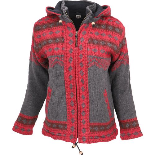 Kuschelige Gefütterte Strickjacke, Damenjacke, Wolljacke, Nepaljacke - Grau/rot, Herren, Wolle, Größe: M