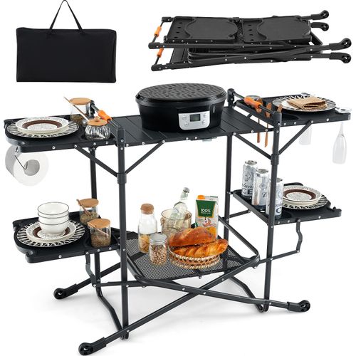 KOMFOTTEU Campingküche klappbar mit 4 Seitentischen, Campingschrank mit Aluminium-Tischplatte, Reiseküche Picknicktisch Esstisch Klapptisch für BBQ, Camping