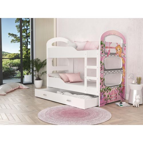 Hochbett, Kinderbett , Etagenbett DO , 160x80 cm , mit Matratze , Farbe Weiß mit Prinzessin Motiv