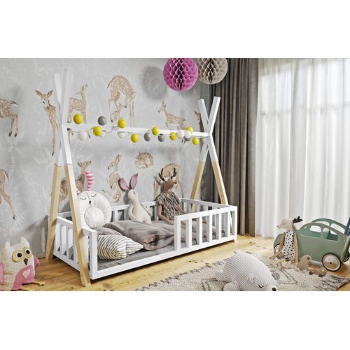 Kinderbett Luki 2 mit Lattenrost 80x160cm oder 80x180cm Bettenhaus Bett Farbe Weiß+Kiefer, Grau+Kiefer (80x180cm, Weiß+Kiefer)