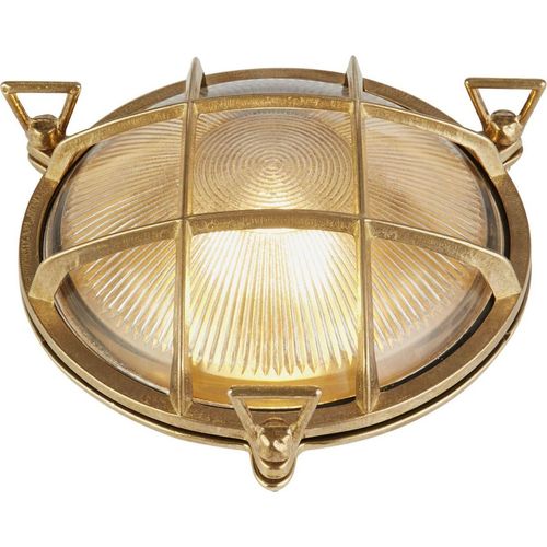 Außenlampe Wand Echt-Messing Glas E27 IP64 D: 24 cm in Messing rund Maritim Außenwandlampe