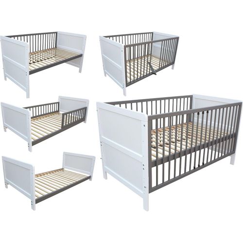 Kinderbett Juniorbett Gitterbett Beistellbett 140x70 cm 3in1 weiß-grau