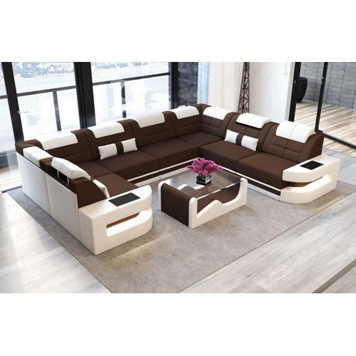Stoffsofa Wohnlandschaft Como mit Licht USB Webstoff Strukturstoff