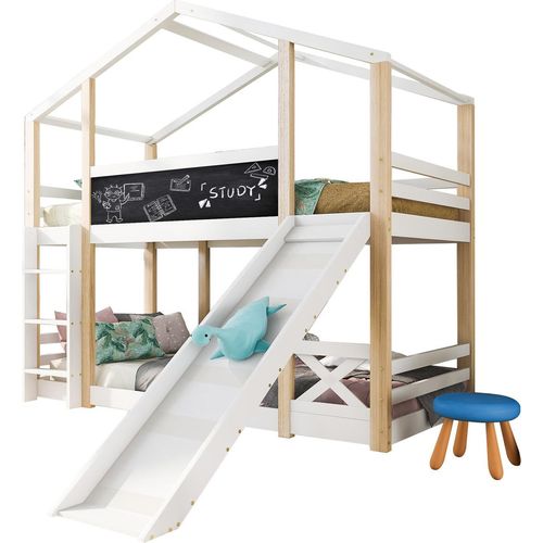 Kinderbett Baumhaus mit Rutsche & Leiter 90 x 200 cm, Hochbett für Kinder– 2x Lattenrost- Natur & Wei
