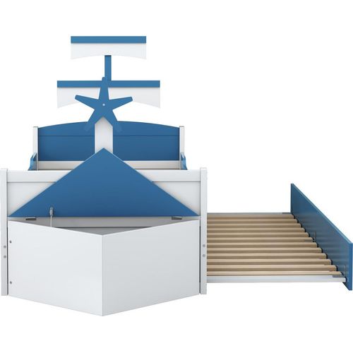 Kinderbett aus Holz,Einzelbett(90*200cm,Blau,mit ausziehbares Bett)Segelbootform,Stauschrank am Bettende, Hausbett, Kinderbett