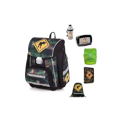 SCOOLSTAR DINO Dinosaurier Schulranzen Set Junge 1 KLASSE | Set 6 TEILIG | SUPER LEICHT | Tyrannosaurus | inkl. Federmäppchen Sportbeutel Regenschutz