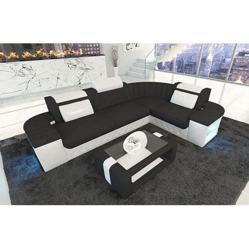 Stoffsofa Ecksofa Bergamo mit Licht USB Webstoff Strukturstoff