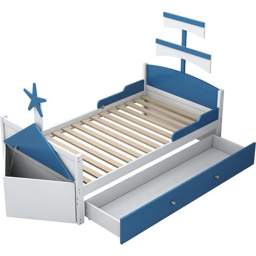 Kinderbett aus Holz,Einzelbett(90*200cm,mit 2 Schubladen)Segelbootform,Stauschrank am Bettende, Hausbett, Kinderbett