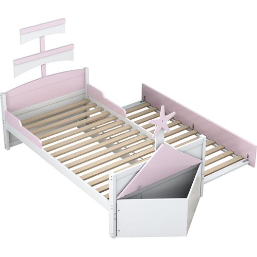 Kinderbett aus Holz,Einzelbett(90*200cm,Rosa,mit ausziehbares Bett)Segelbootform,Stauschrank am Bettende, Hausbett, Kinderbett