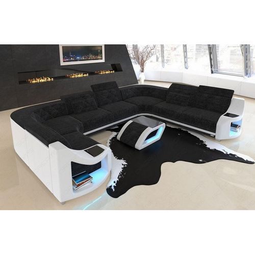 Stoffsofa Wohnlandschaft Genua mit Licht USB Webstoff Strukturstoff