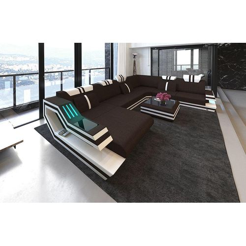 Stoffsofa Wohnlandschaft Ravenna XXL mit Licht USB Webstoff Strukturstoff