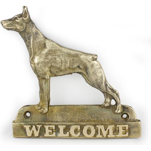 Dobermann - Türschild mit Hund, messingfarbenes Willkommensschild, einzigartiges Schild mit der Aufschrift Welcome von der Marke Art-Dog