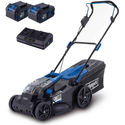 Scheppach Akku-Rasenmäher BC-MP430-X inkl. 2x 4Ah Akku + 4,5A Doppelladegerät | 2x 20 V (40 V) Akkuleistung | Schnitthöhe in 6 Stufen von 25 – 75 mm